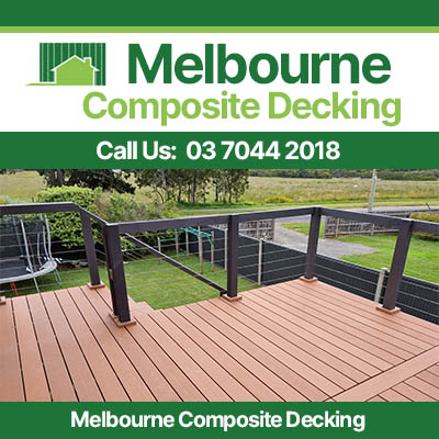 Composite deck with black railings in Melbourne backyard